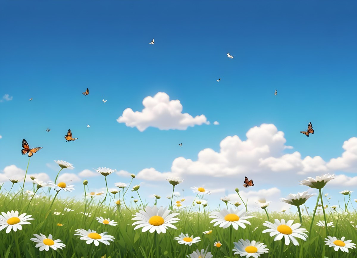 Digital Painting A Field Of Daisies And Green Grass With Butterflies Flying Around White Clouds In A Blue Sky Cartoon Style Bright Colors Sunny Day Bold And Slim Lines Brush Strokes 76 2555