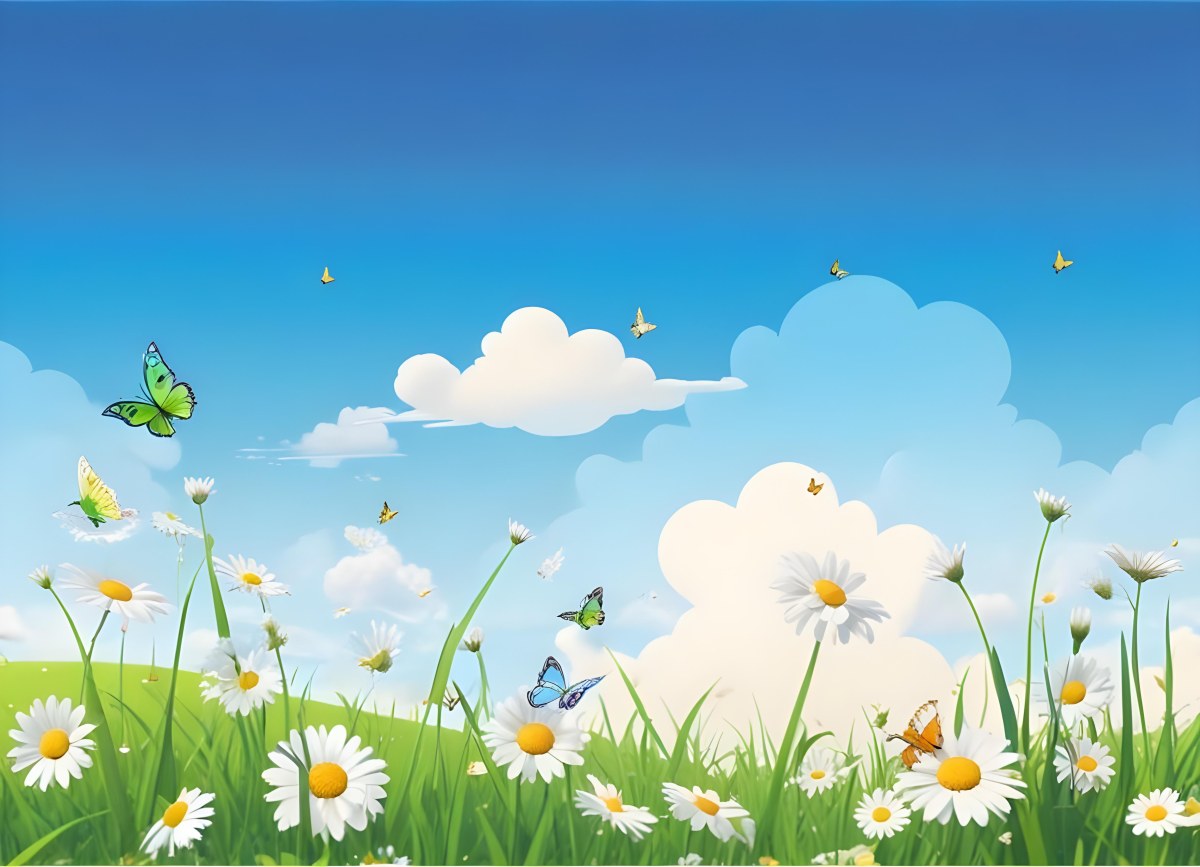 Digital Painting A Field Of Daisies And Green Grass With Butterflies Flying Around White Clouds In A Blue Sky Cartoon Style Bright Colors Sunny Day Bold And Slim Lines Brush Strokes 77 68bf