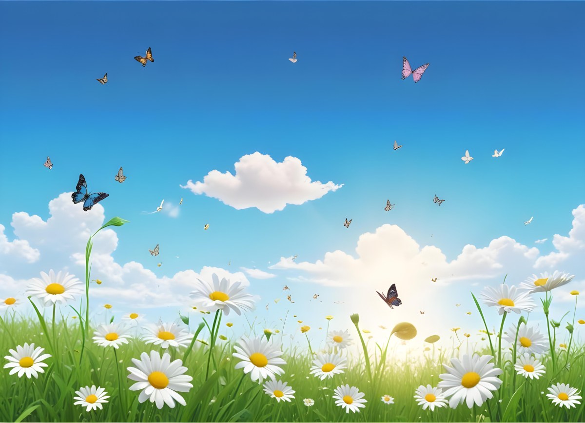 Digital Painting A Field Of Daisies And Green Grass With Butterflies Flying Around White Clouds In A Blue Sky Cartoon Style Bright Colors Sunny Day Bold And Slim Lines Brush Strokes 8 0764