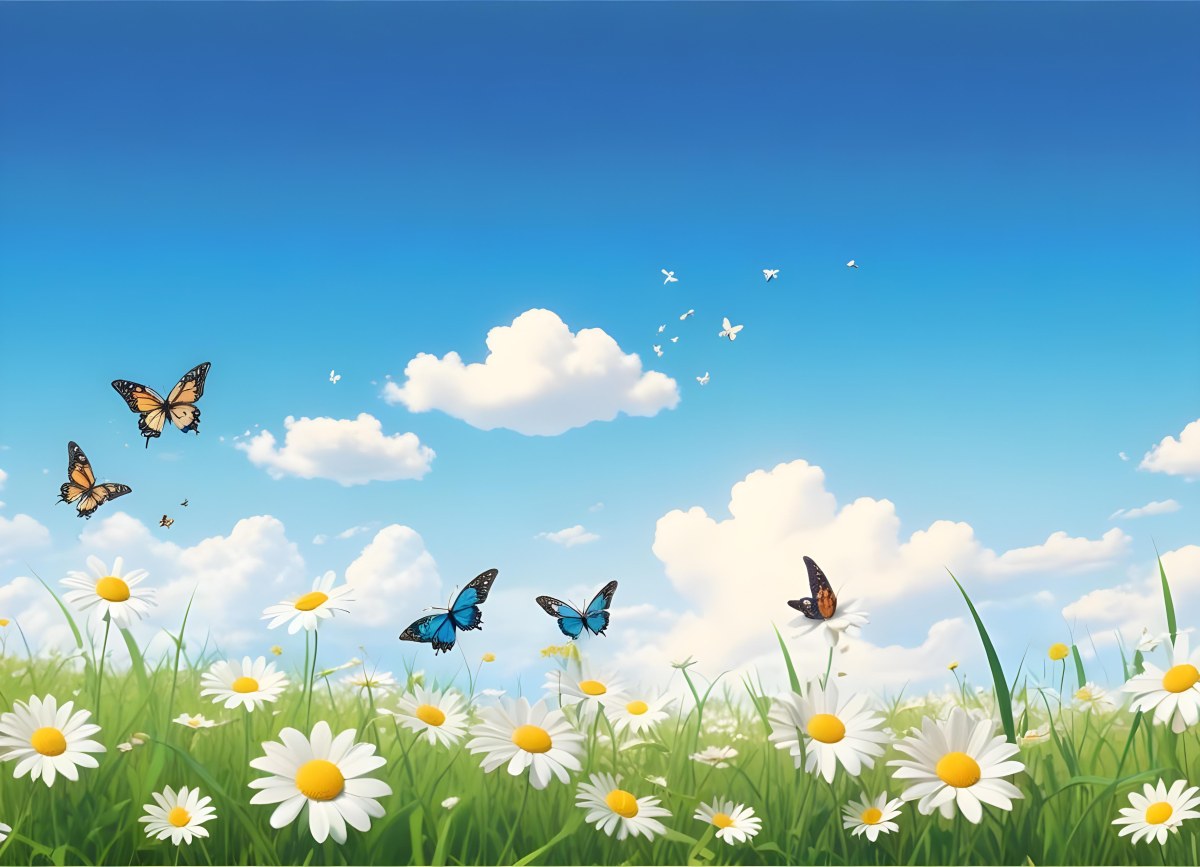 Digital Painting A Field Of Daisies And Green Grass With Butterflies Flying Around White Clouds In A Blue Sky Cartoon Style Bright Colors Sunny Day Bold And Slim Lines Brush Strokes 9 2a2a