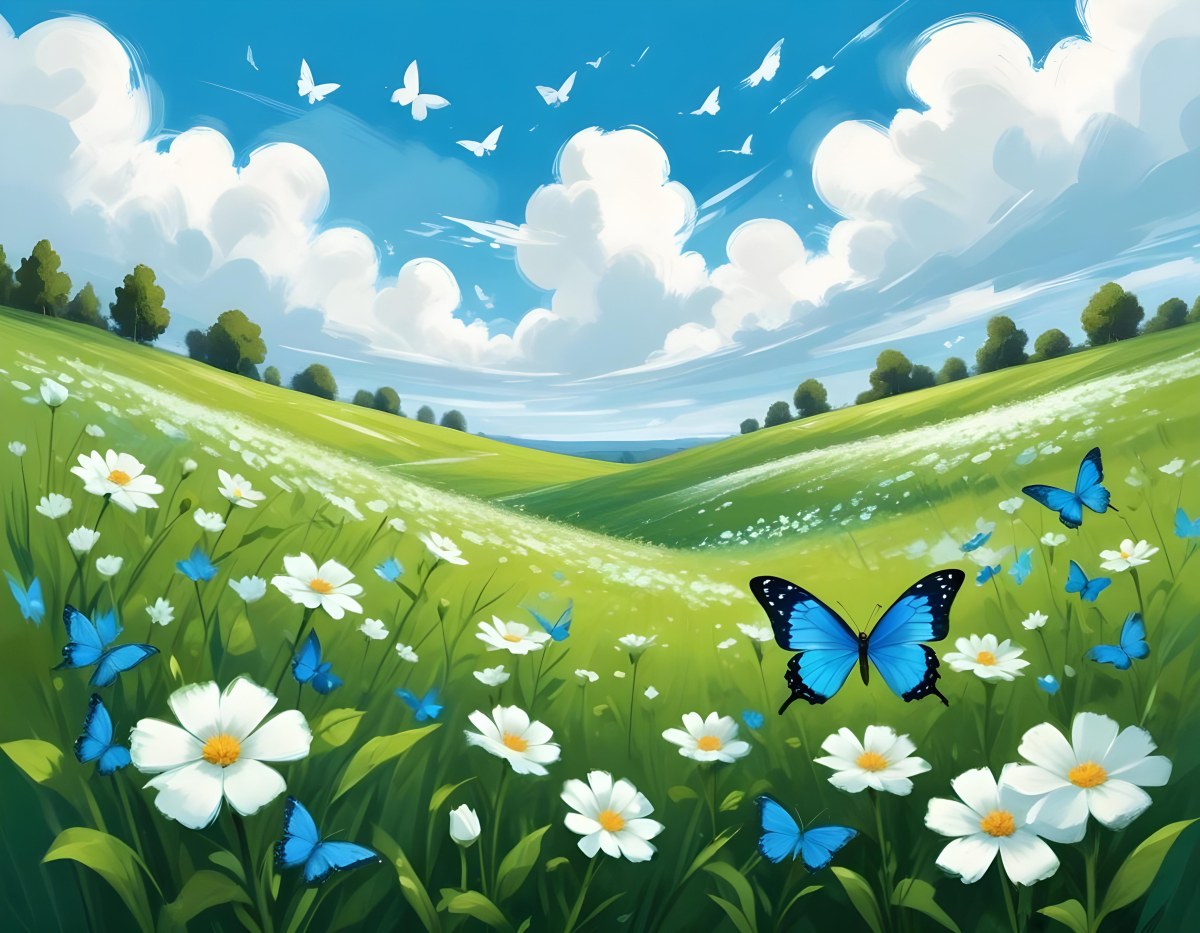 Digital Painting A Green Field With White Flowers And Blue Butterflies Blue Sky With Clouds Bold And Slim Lines Brush Strokes 1 4f19