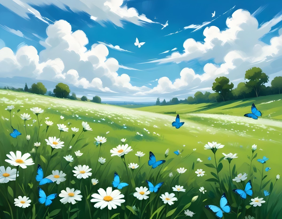 Digital Painting A Green Field With White Flowers And Blue Butterflies Blue Sky With Clouds Bold And Slim Lines Brush Strokes 12 365d