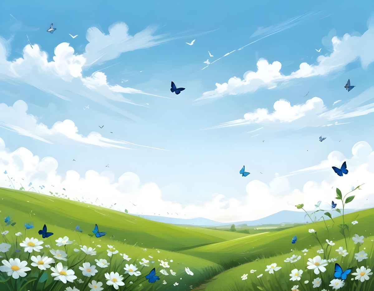 Digital Painting A Green Field With White Flowers And Blue Butterflies Blue Sky With Clouds Bold And Slim Lines Brush Strokes 13 8fb9