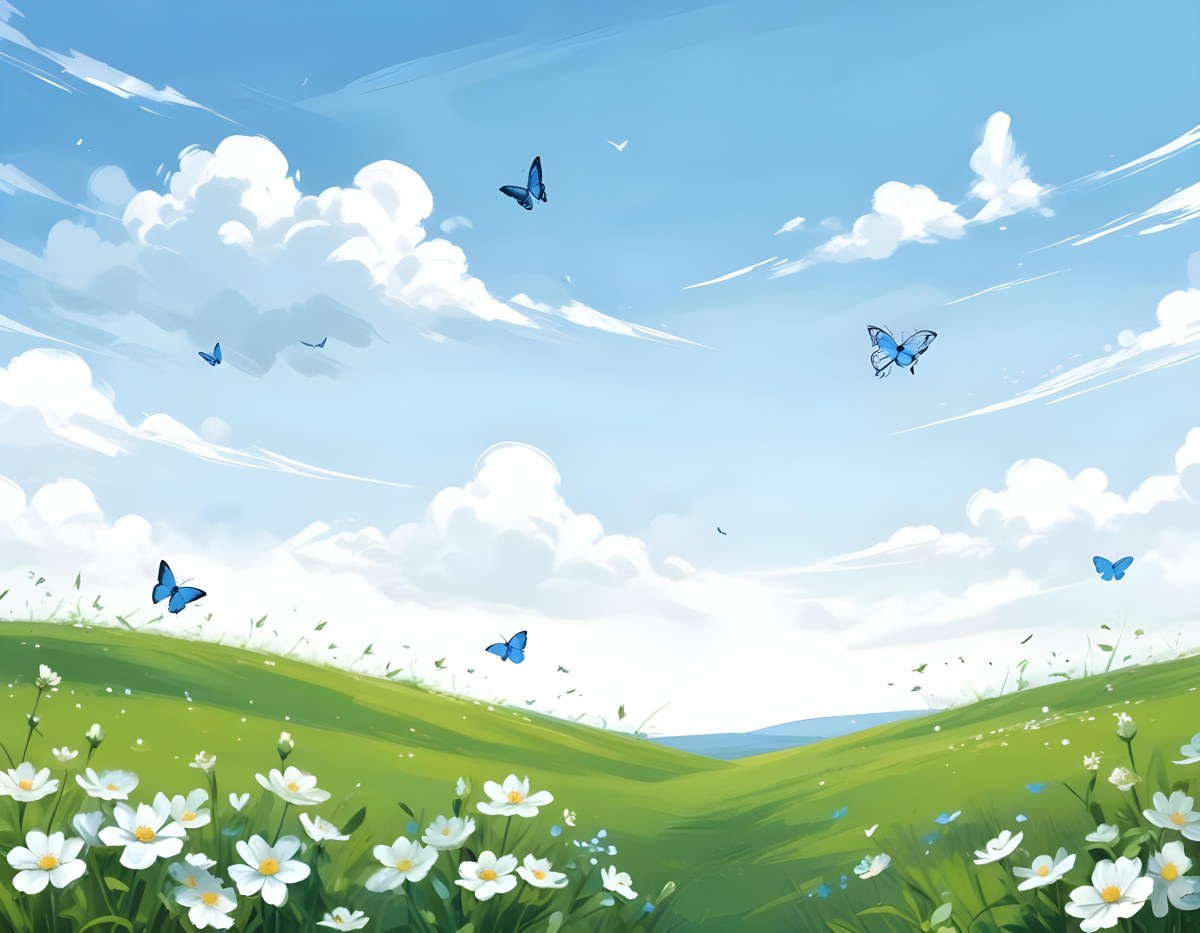 Digital Painting A Green Field With White Flowers And Blue Butterflies Blue Sky With Clouds Bold And Slim Lines Brush Strokes 16 0b30