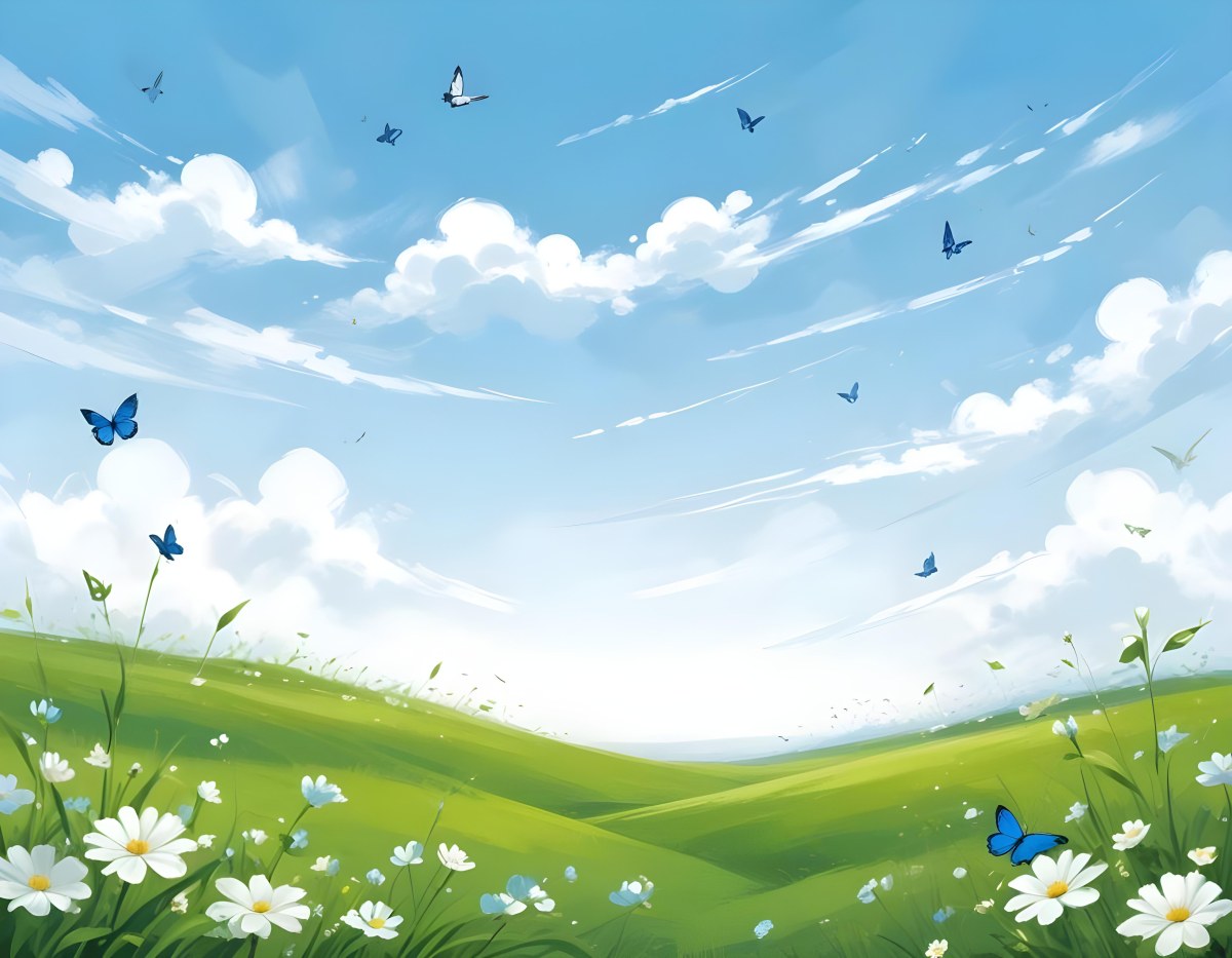 Digital Painting A Green Field With White Flowers And Blue Butterflies Blue Sky With Clouds Bold And Slim Lines Brush Strokes 17 1d2b