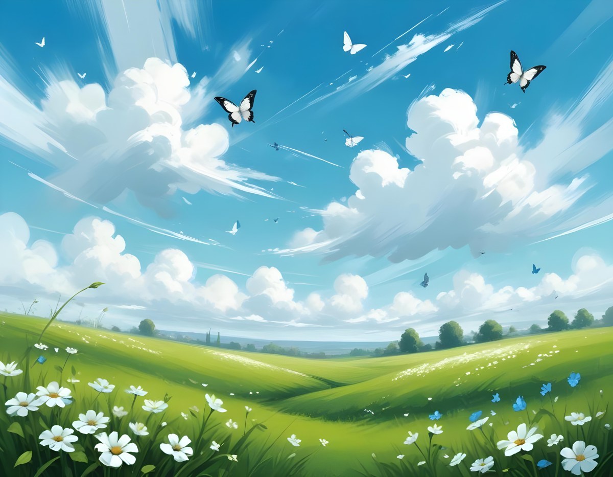 Digital Painting A Green Field With White Flowers And Blue Butterflies Blue Sky With Clouds Bold And Slim Lines Brush Strokes 19 75db