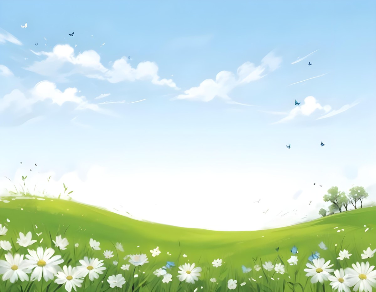 Digital Painting A Green Field With White Flowers And Blue Butterflies Blue Sky With Clouds Bold And Slim Lines Brush Strokes 22 6037
