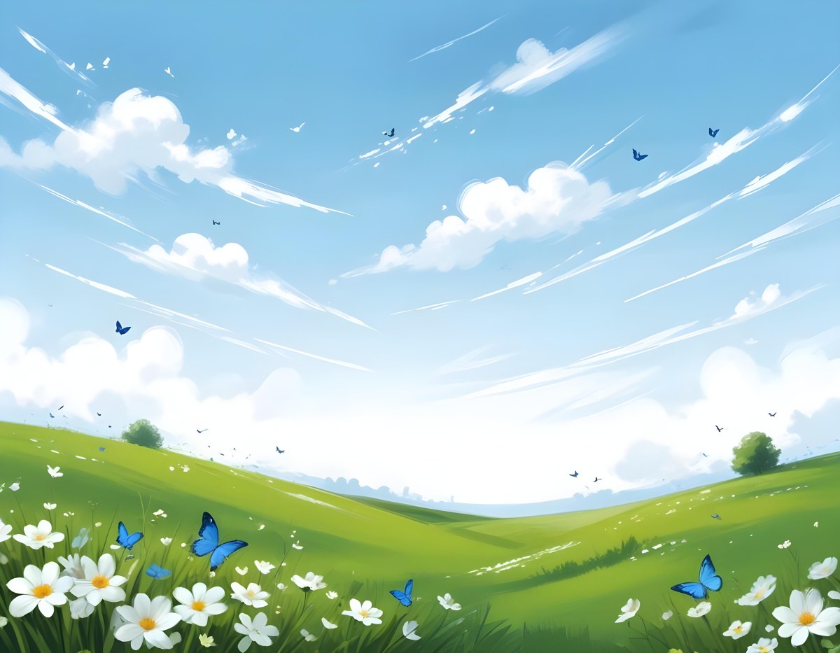 Digital Painting A Green Field With White Flowers And Blue Butterflies Blue Sky With Clouds Bold And Slim Lines Brush Strokes 27 C218