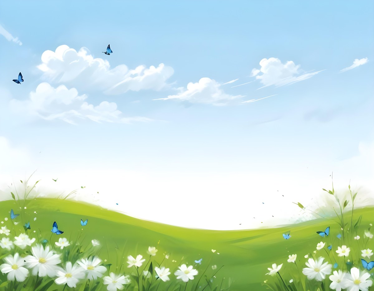 Digital Painting A Green Field With White Flowers And Blue Butterflies Blue Sky With Clouds Bold And Slim Lines Brush Strokes 28 00cb