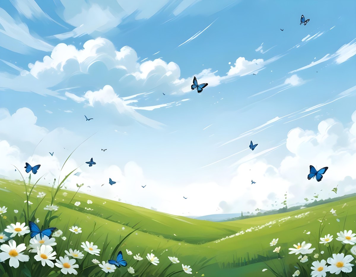 Digital Painting A Green Field With White Flowers And Blue Butterflies Blue Sky With Clouds Bold And Slim Lines Brush Strokes 29 5c9c