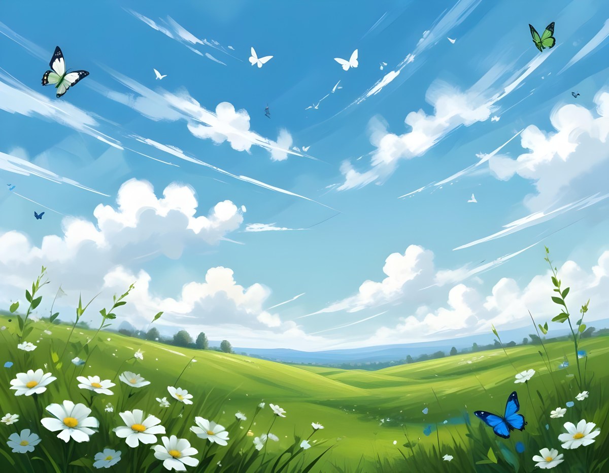 Digital Painting A Green Field With White Flowers And Blue Butterflies Blue Sky With Clouds Bold And Slim Lines Brush Strokes 3 2800