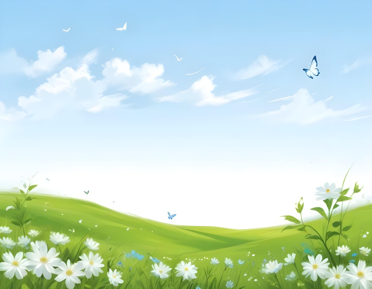 Digital Painting A Green Field With White Flowers And Blue Butterflies Blue Sky With Clouds Bold And Slim Lines Brush Strokes 30 E325