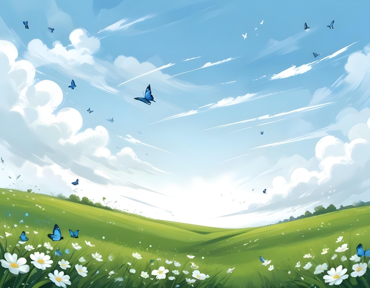 Digital Painting A Green Field With White Flowers And Blue Butterflies Blue Sky With Clouds Bold And Slim Lines Brush Strokes 31 Af38