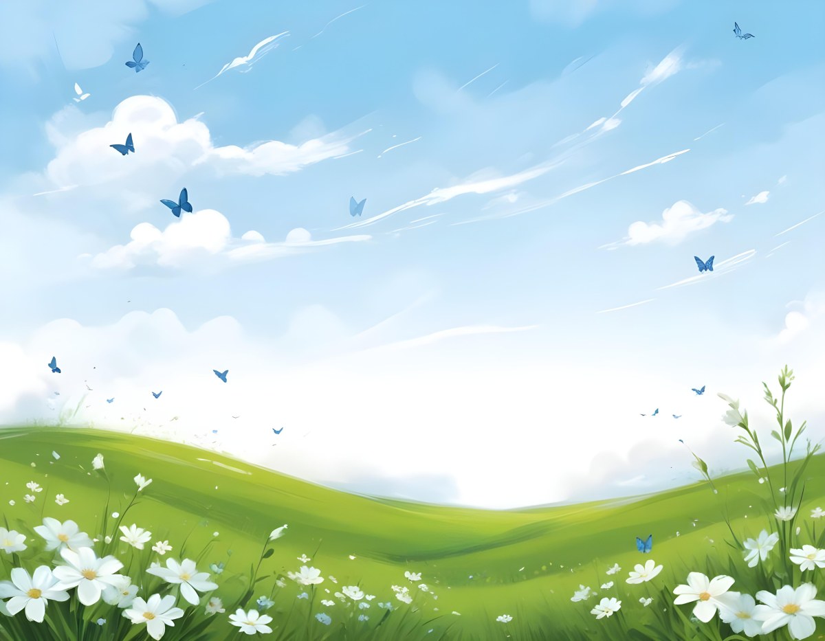 Digital Painting A Green Field With White Flowers And Blue Butterflies Blue Sky With Clouds Bold And Slim Lines Brush Strokes 32 7a1b