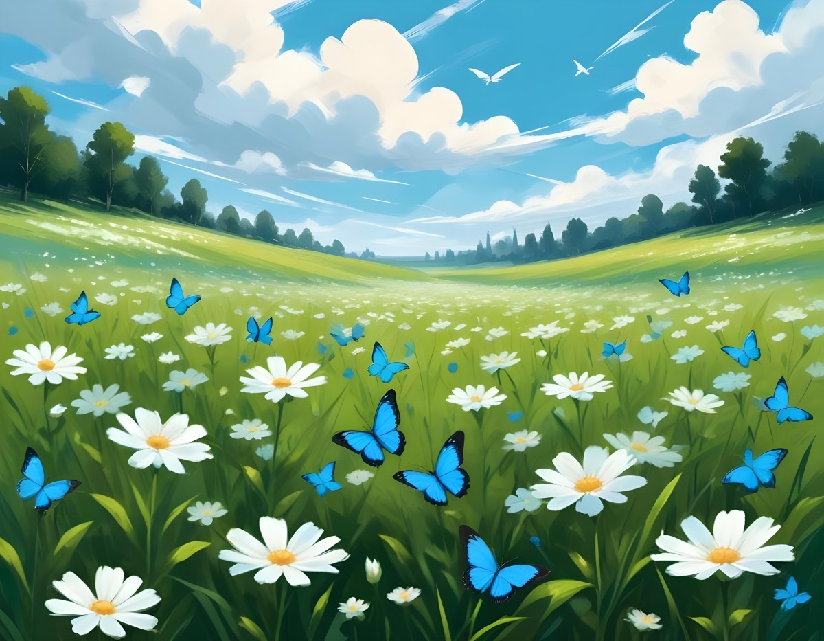 Digital Painting A Green Field With White Flowers And Blue Butterflies Blue Sky With Clouds Bold And Slim Lines Brush Strokes 4 8edc