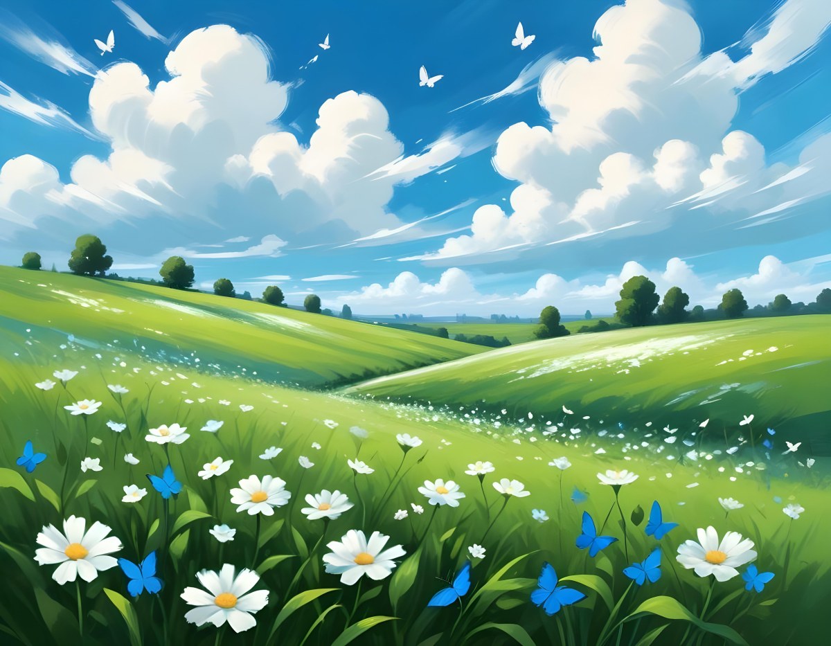 Digital Painting A Green Field With White Flowers And Blue Butterflies Blue Sky With Clouds Bold And Slim Lines Brush Strokes 5 3d70