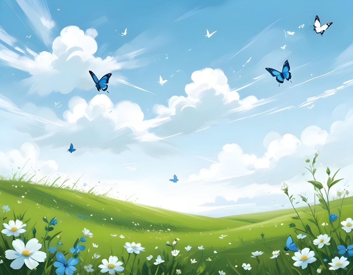 Digital Painting A Green Field With White Flowers And Blue Butterflies Blue Sky With Clouds Bold And Slim Lines Brush Strokes 6 9942