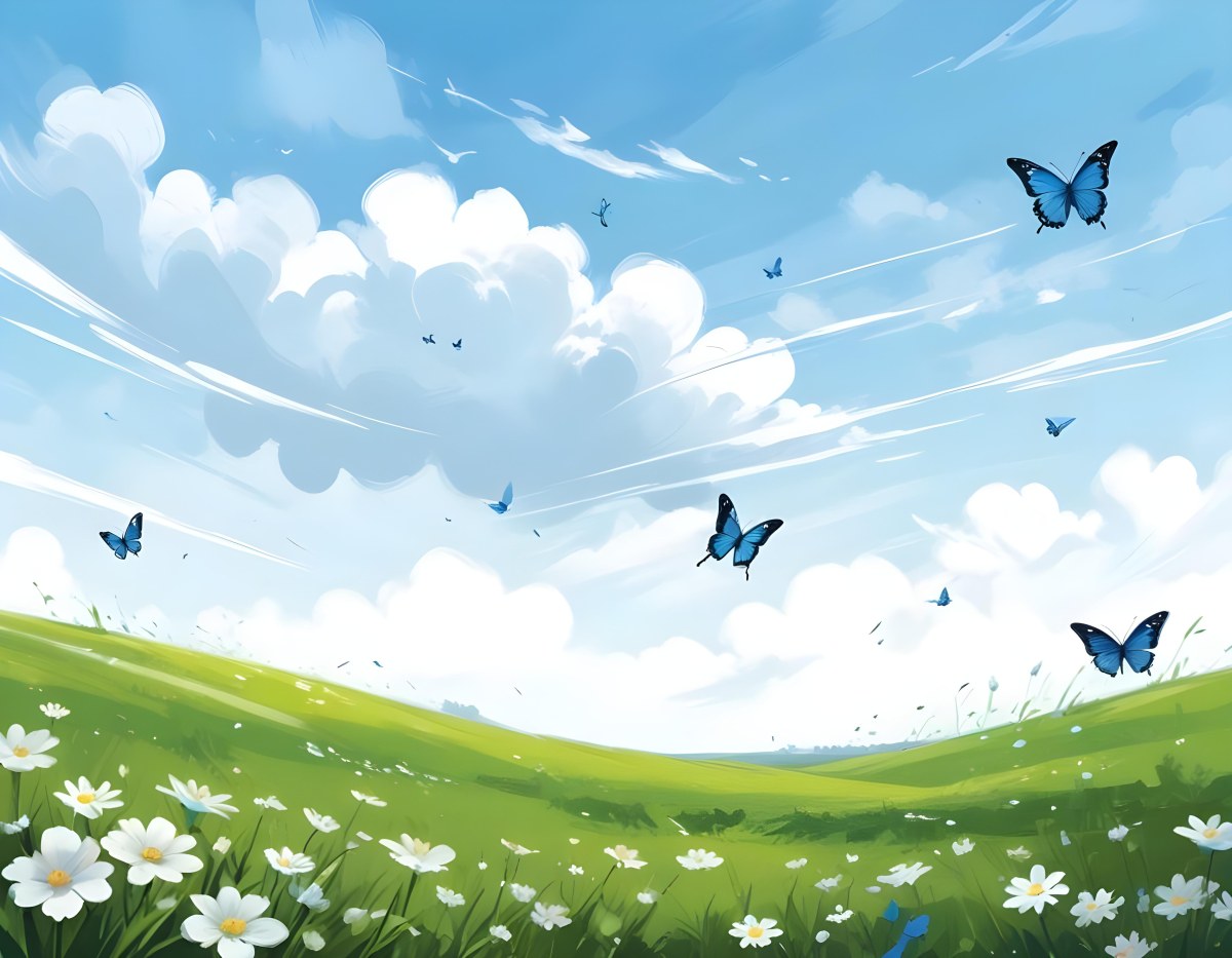 Digital Painting A Green Field With White Flowers And Blue Butterflies Blue Sky With Clouds Bold And Slim Lines Brush Strokes 8 588b