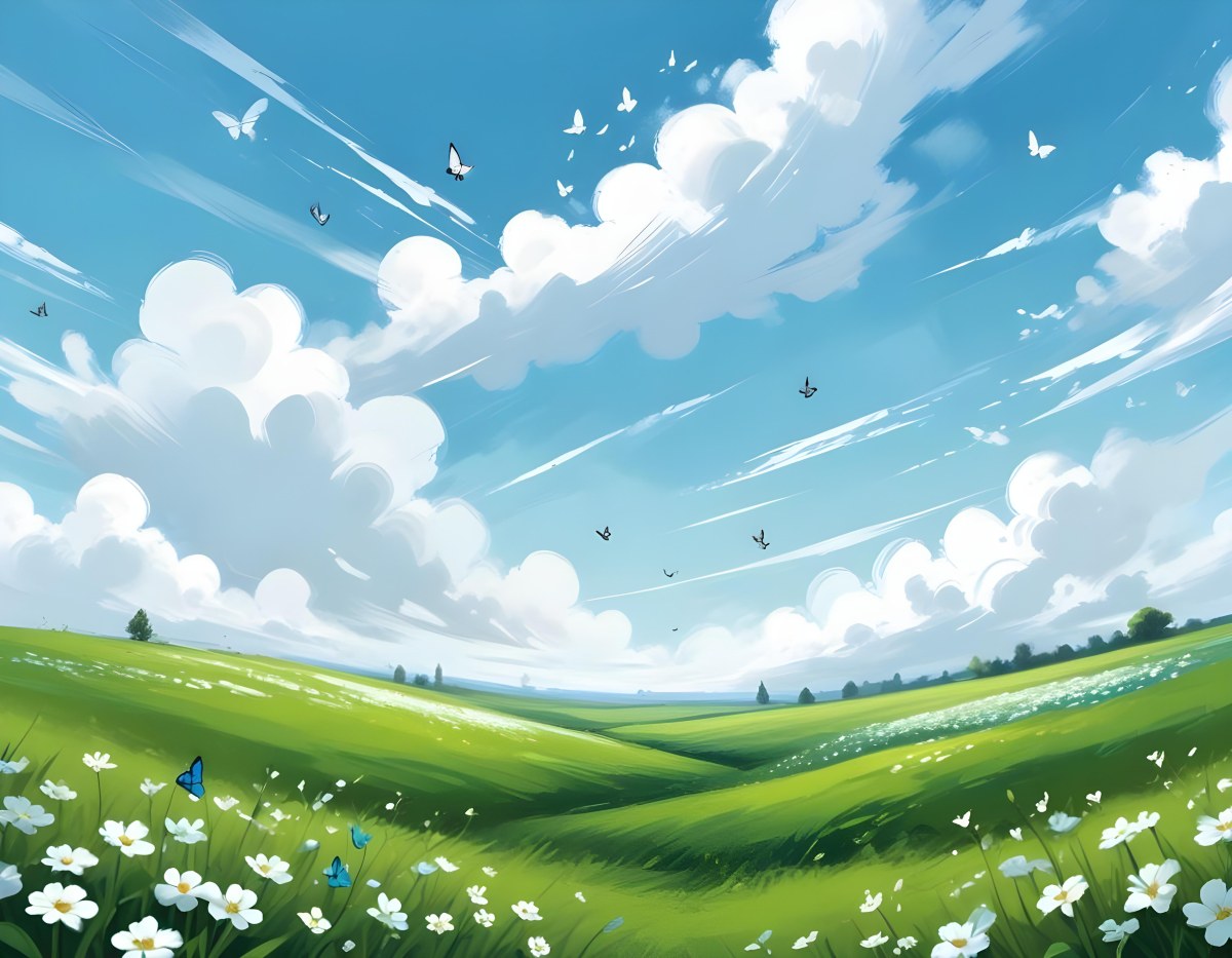 Digital Painting A Green Field With White Flowers And Blue Butterflies Blue Sky With Clouds Bold And Slim Lines Brush Strokes 9 4d14