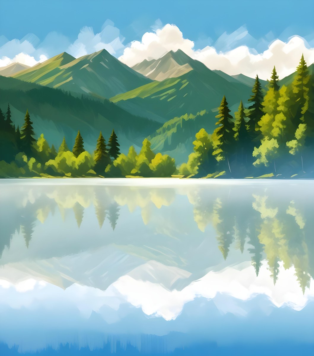 Digital Painting A Lake With Trees And Mountains In The Background The Water Reflects The Clouds The Sky Is Blue With Some Clouds Sunny Day Bold And Slim Lines Brush Strokes 5 F6d1