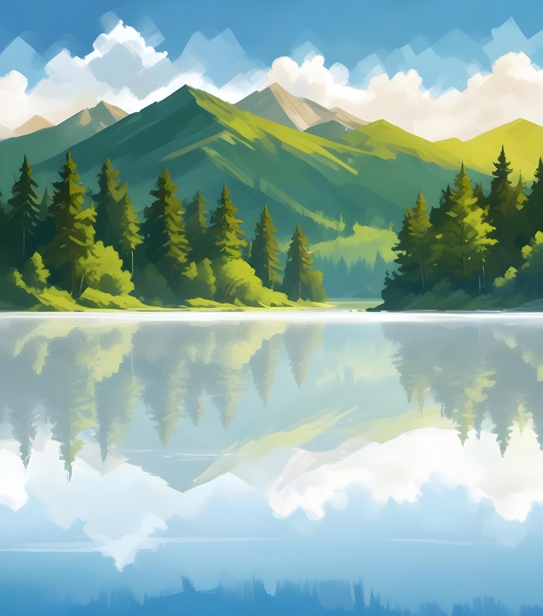 Digital Painting A Lake With Trees And Mountains In The Background The Water Reflects The Clouds The Sky Is Blue With Some Clouds Sunny Day Bold And Slim Lines Brush Strokes 6 810b