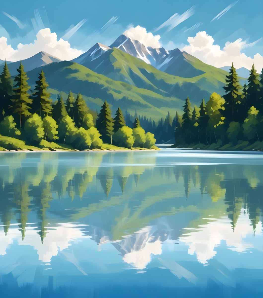 Digital Painting A Lake With Trees And Mountains In The Background The Water Reflects The Clouds The Sky Is Blue With Some Clouds Sunny Day Bold And Slim Lines Brush Strokes 8 5858