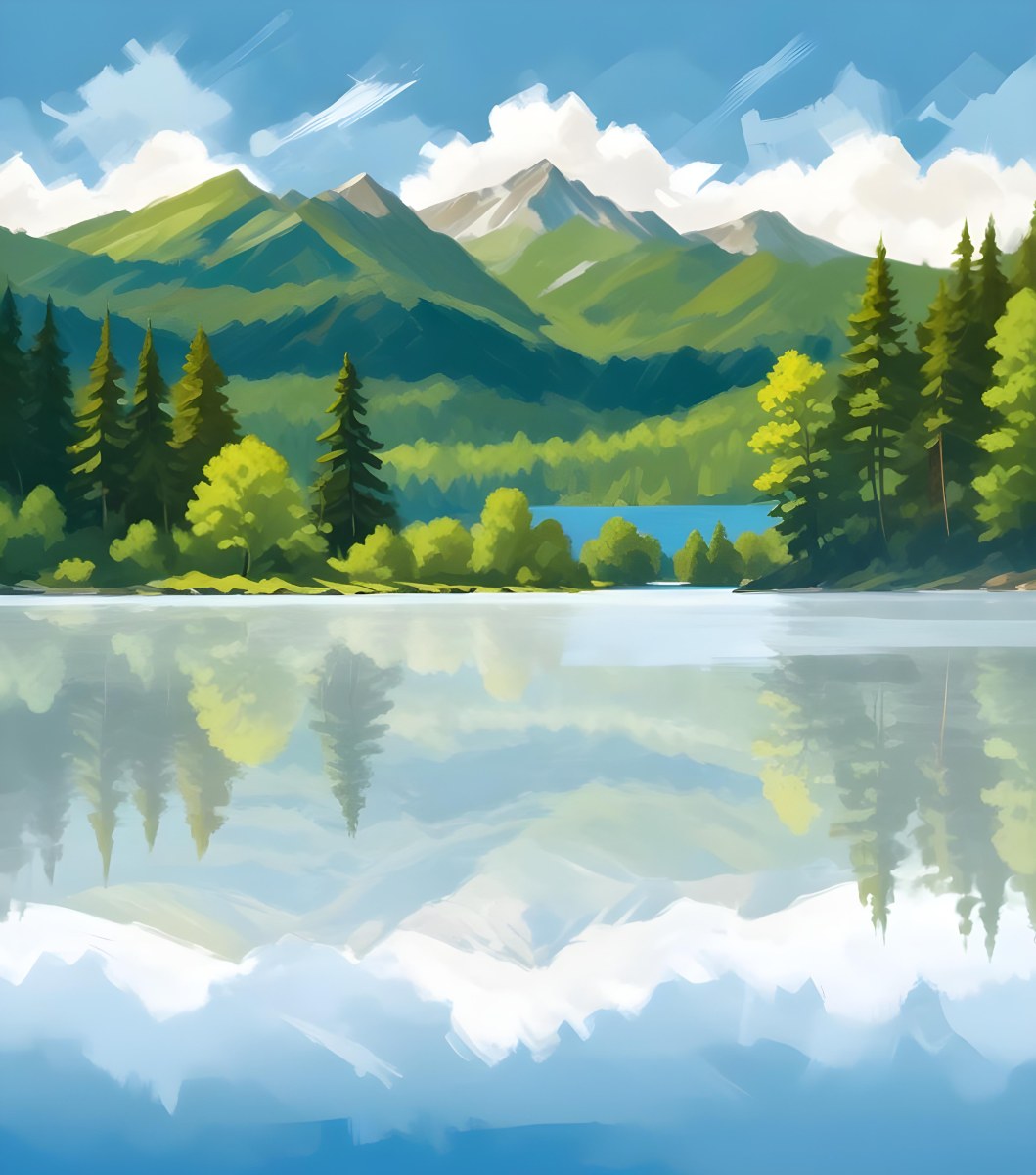Digital Painting A Lake With Trees And Mountains In The Background The Water Reflects The Clouds The Sky Is Blue With Some Clouds Sunny Day Bold And Slim Lines Brush Strokes 9 E35f