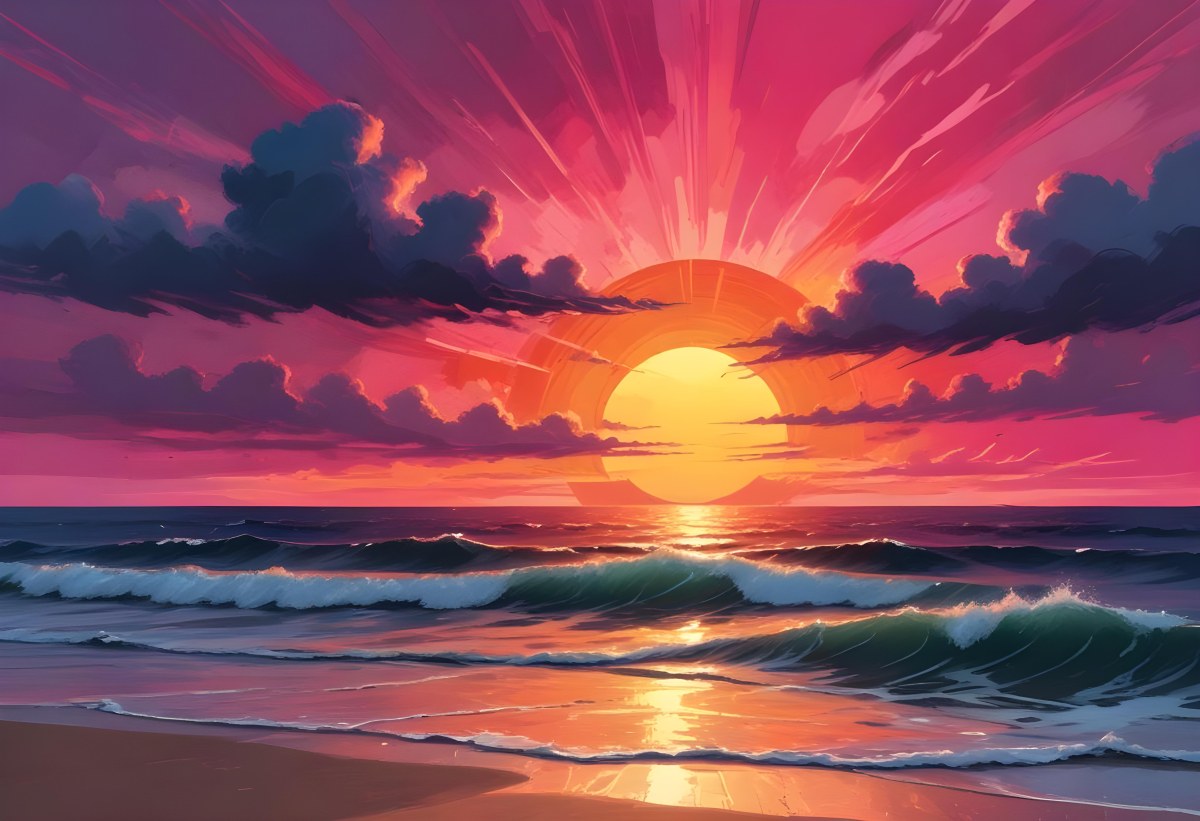 Digital Painting A Large Colorful Sun Setting Over A Calm Reflective Ocean With A Vibrant Pink And Orange Sky Surrounded By A Stormy Sea Under A Twilight Sky Bold And Slim Lines Brush Strokes 1 Ff37