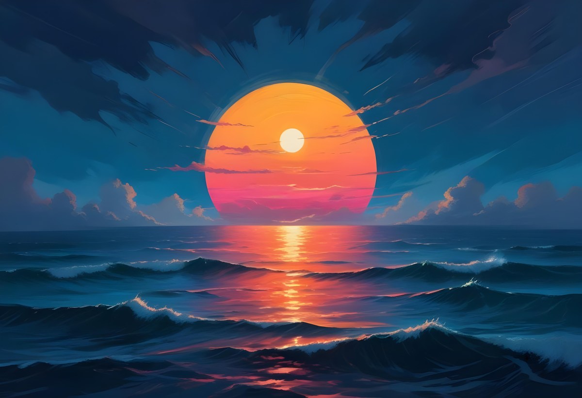 Digital Painting A Large Colorful Sun Setting Over A Calm Reflective Ocean With A Vibrant Pink And Orange Sky Surrounded By A Stormy Sea Under A Twilight Sky Bold And Slim Lines Brush Strokes 10 471e