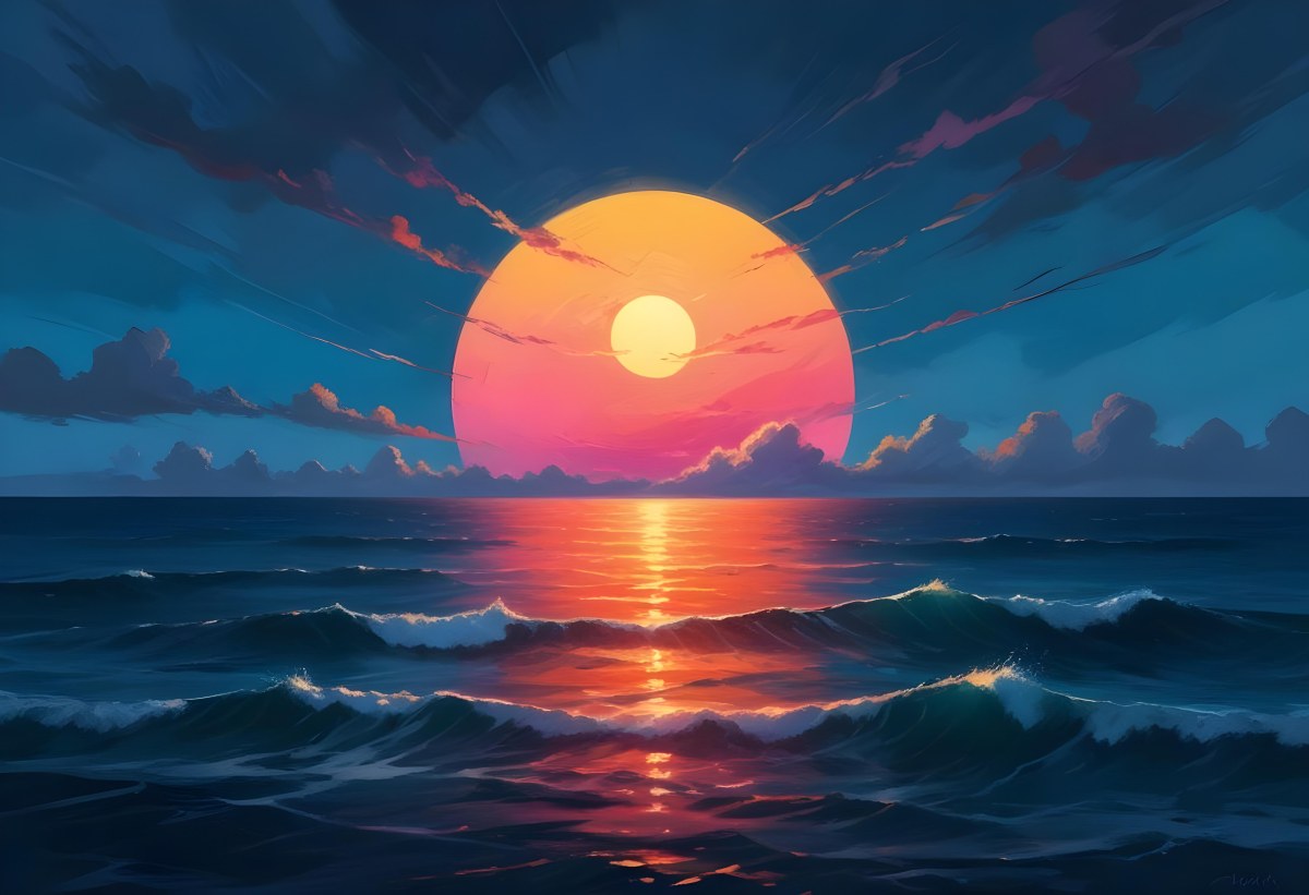 Digital Painting A Large Colorful Sun Setting Over A Calm Reflective Ocean With A Vibrant Pink And Orange Sky Surrounded By A Stormy Sea Under A Twilight Sky Bold And Slim Lines Brush Strokes 11 4afd