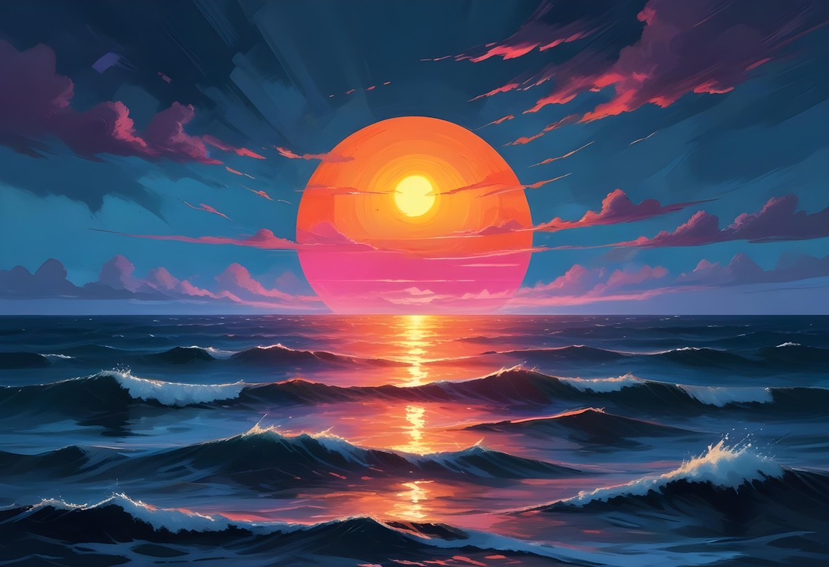 Digital Painting A Large Colorful Sun Setting Over A Calm Reflective Ocean With A Vibrant Pink And Orange Sky Surrounded By A Stormy Sea Under A Twilight Sky Bold And Slim Lines Brush Strokes 12 9178