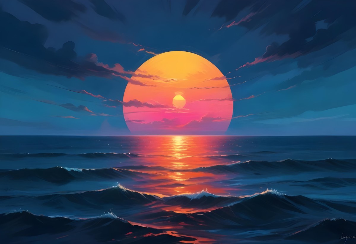 Digital Painting A Large Colorful Sun Setting Over A Calm Reflective Ocean With A Vibrant Pink And Orange Sky Surrounded By A Stormy Sea Under A Twilight Sky Bold And Slim Lines Brush Strokes 14 741f