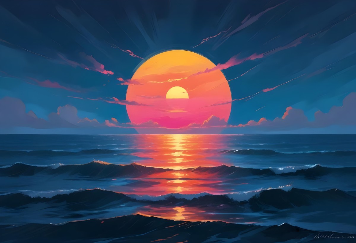 Digital Painting A Large Colorful Sun Setting Over A Calm Reflective Ocean With A Vibrant Pink And Orange Sky Surrounded By A Stormy Sea Under A Twilight Sky Bold And Slim Lines Brush Strokes 15 16a5