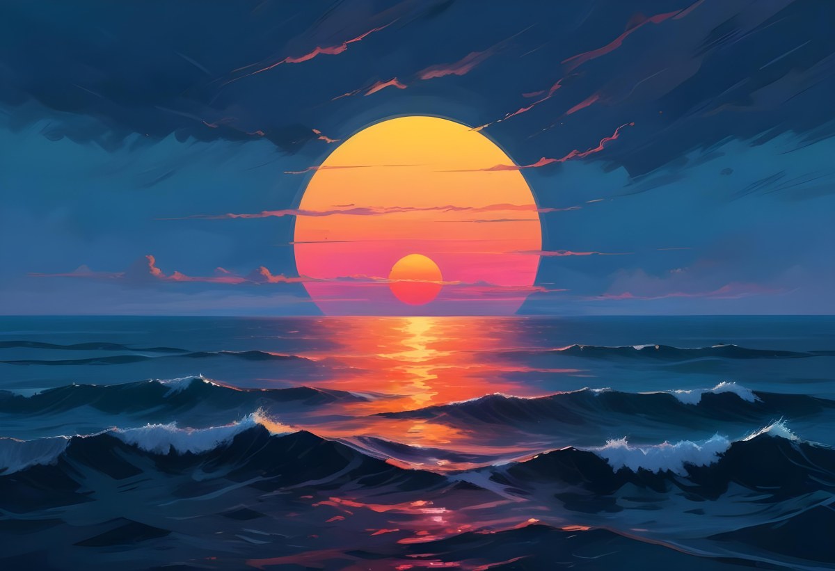 Digital Painting A Large Colorful Sun Setting Over A Calm Reflective Ocean With A Vibrant Pink And Orange Sky Surrounded By A Stormy Sea Under A Twilight Sky Bold And Slim Lines Brush Strokes 16 44f8