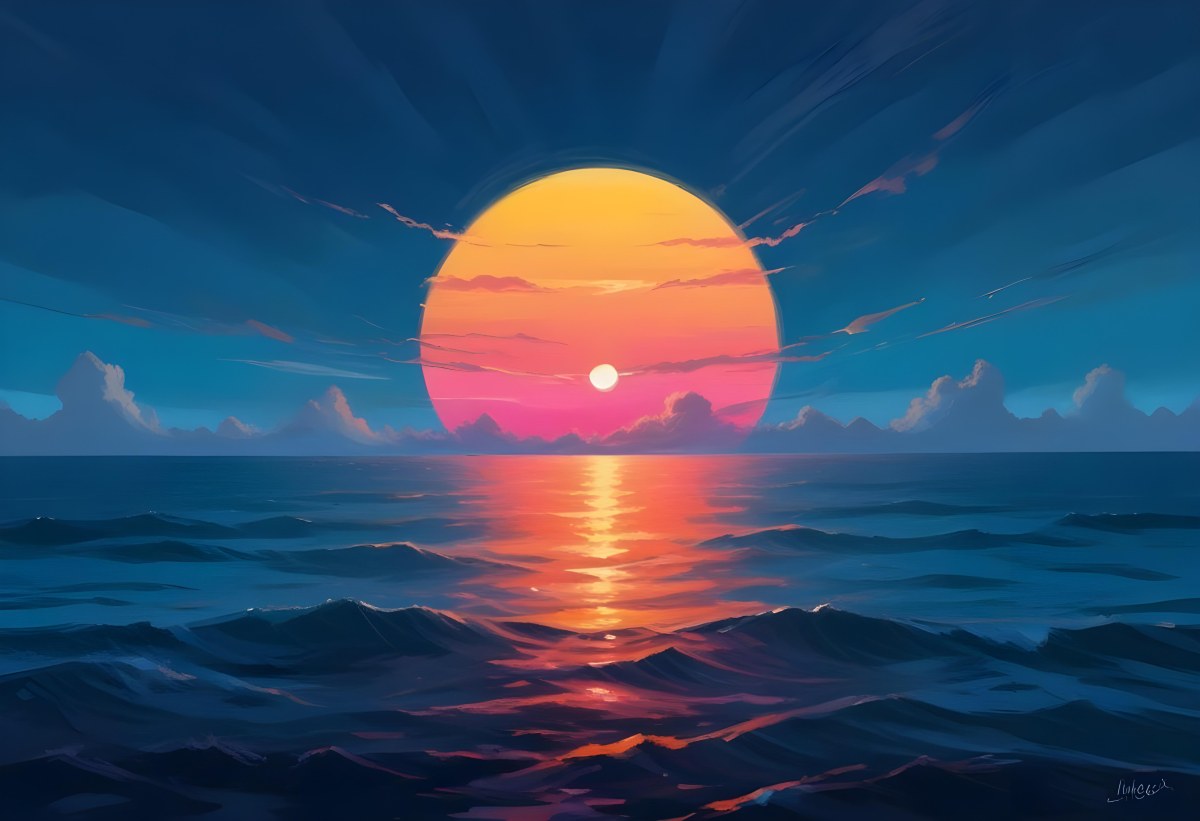 Digital Painting A Large Colorful Sun Setting Over A Calm Reflective Ocean With A Vibrant Pink And Orange Sky Surrounded By A Stormy Sea Under A Twilight Sky Bold And Slim Lines Brush Strokes 17 C683