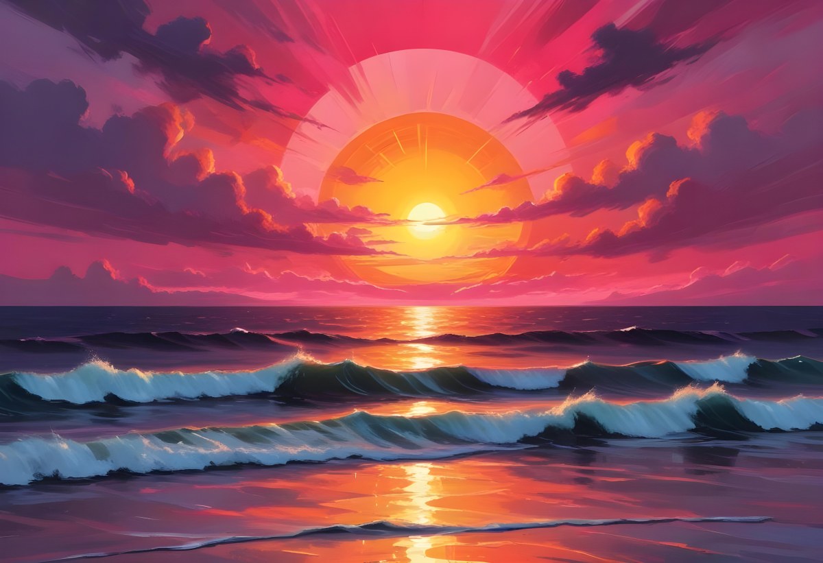 Digital Painting A Large Colorful Sun Setting Over A Calm Reflective Ocean With A Vibrant Pink And Orange Sky Surrounded By A Stormy Sea Under A Twilight Sky Bold And Slim Lines Brush Strokes 2 695d