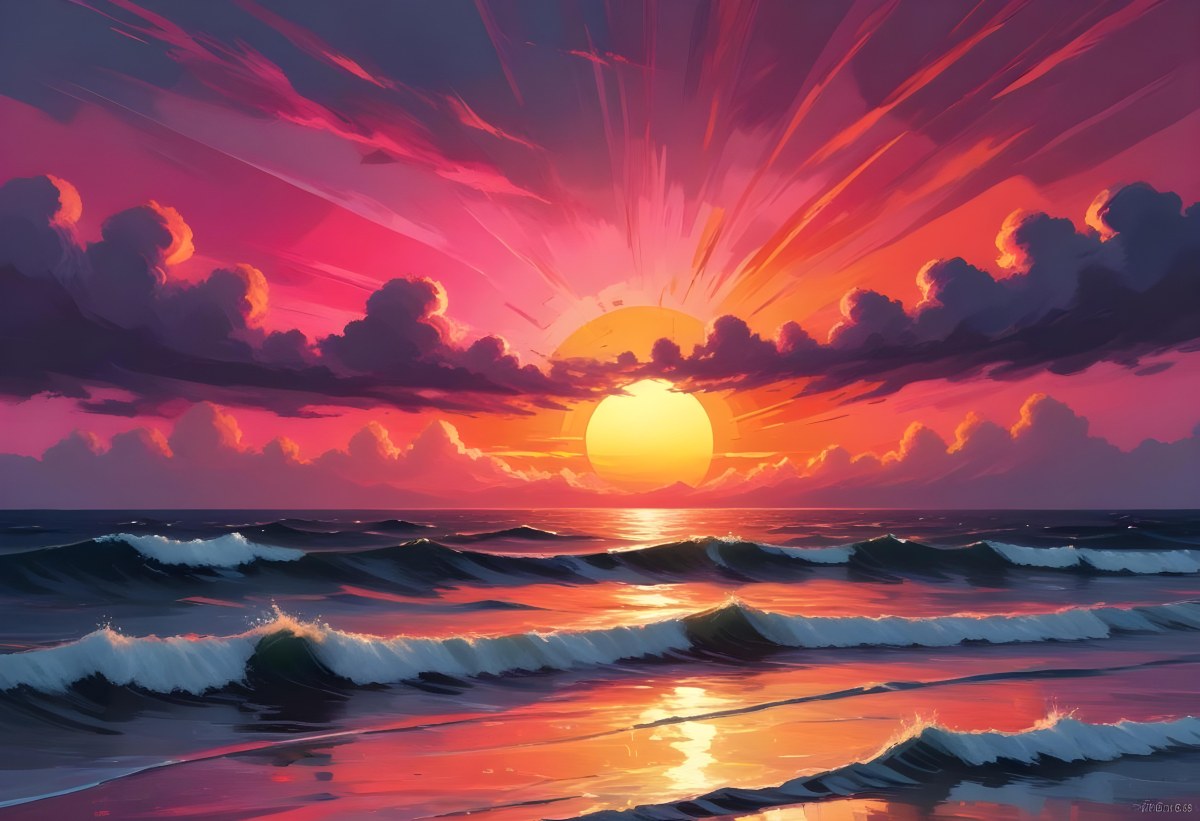Digital Painting A Large Colorful Sun Setting Over A Calm Reflective Ocean With A Vibrant Pink And Orange Sky Surrounded By A Stormy Sea Under A Twilight Sky Bold And Slim Lines Brush Strokes 3 Dc33