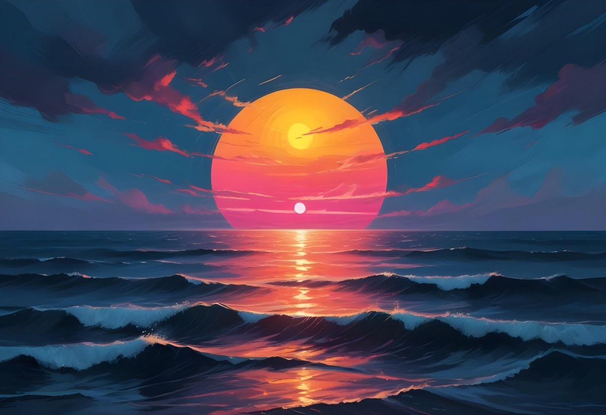 Digital Painting A Large Colorful Sun Setting Over A Calm Reflective Ocean With A Vibrant Pink And Orange Sky Surrounded By A Stormy Sea Under A Twilight Sky Bold And Slim Lines Brush Strokes 4 9f01