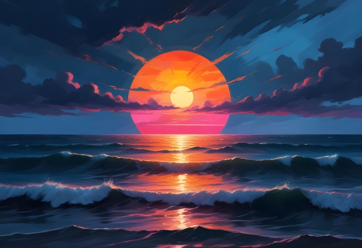 Digital Painting A Large Colorful Sun Setting Over A Calm Reflective Ocean With A Vibrant Pink And Orange Sky Surrounded By A Stormy Sea Under A Twilight Sky Bold And Slim Lines Brush Strokes 5 477f