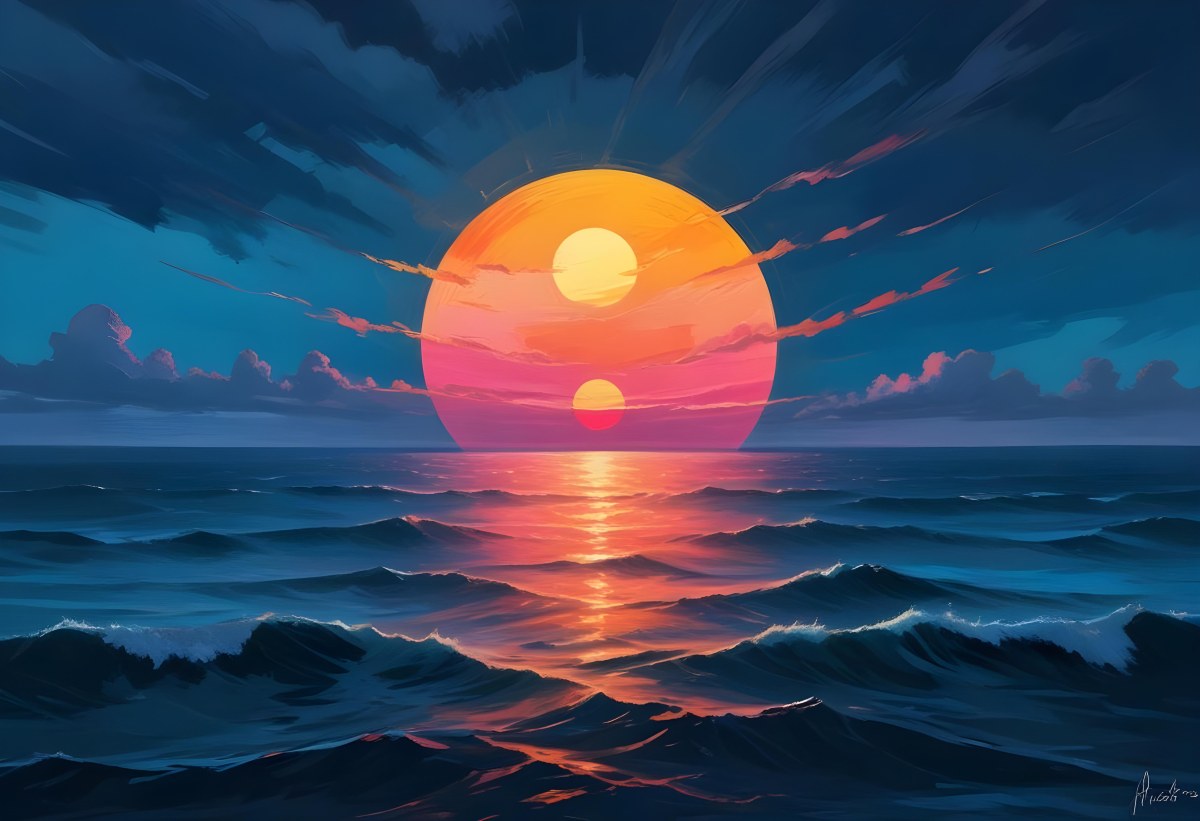 Digital Painting A Large Colorful Sun Setting Over A Calm Reflective Ocean With A Vibrant Pink And Orange Sky Surrounded By A Stormy Sea Under A Twilight Sky Bold And Slim Lines Brush Strokes 6 8625