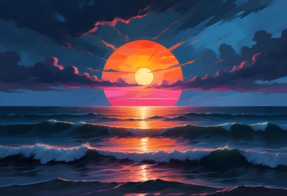 Digital Painting A Large Colorful Sun Setting Over A Calm Reflective Ocean With A Vibrant Pink And Orange Sky Surrounded By A Stormy Sea Under A Twilight Sky Bold And Slim Lines Brush Strokes 8 A08b