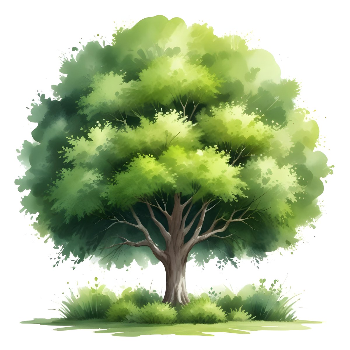 Digital Painting A Lush Green Tree With A Full Rounded Canopy Standing On A Grassy Ground With Small Bushes Against A Plain White Background Watercolor Style Bold And Slim Lines Brush Strokes 14 Fc2e