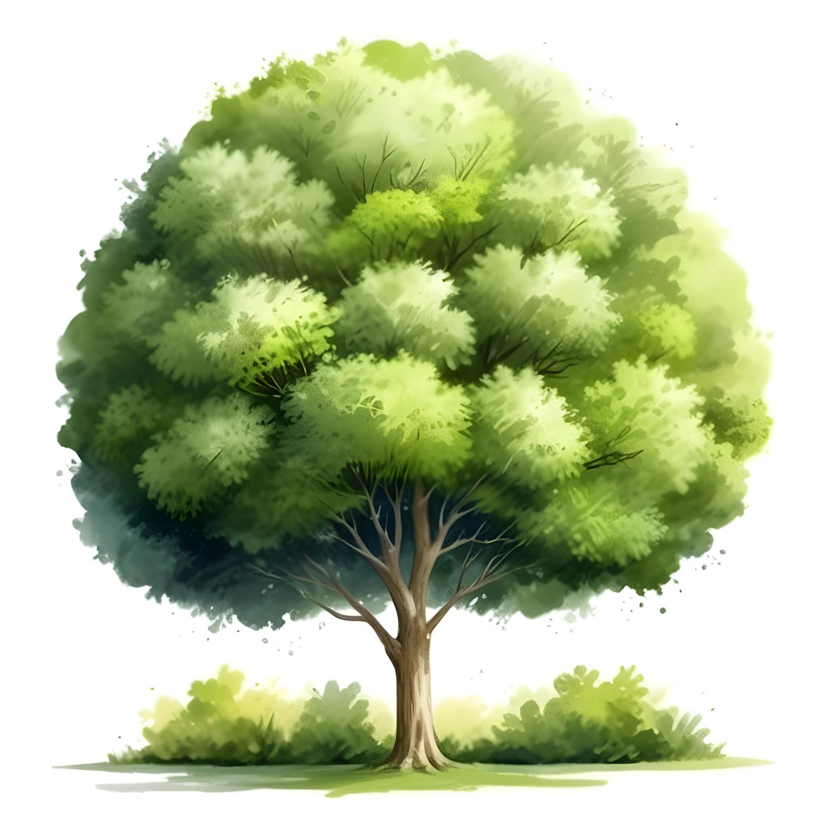 Digital Painting A Lush Green Tree With A Full Rounded Canopy Standing On A Grassy Ground With Small Bushes Against A Plain White Background Watercolor Style Bold And Slim Lines Brush Strokes 18 8a9a