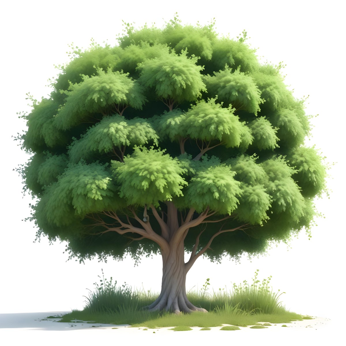 Digital Painting A Lush Green Tree With A Full Rounded Canopy Standing On A Grassy Ground With Small Bushes Against A Plain White Background Watercolor Style Bold And Slim Lines Brush Strokes 3 6d2e