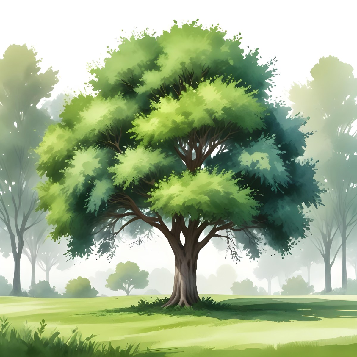 Digital Painting A Lush Green Tree With A Full Rounded Canopy Standing On A Grassy Ground With Small Bushes Against A Plain White Background Watercolor Style Bold And Slim Lines Brush Strokes 35 20fb