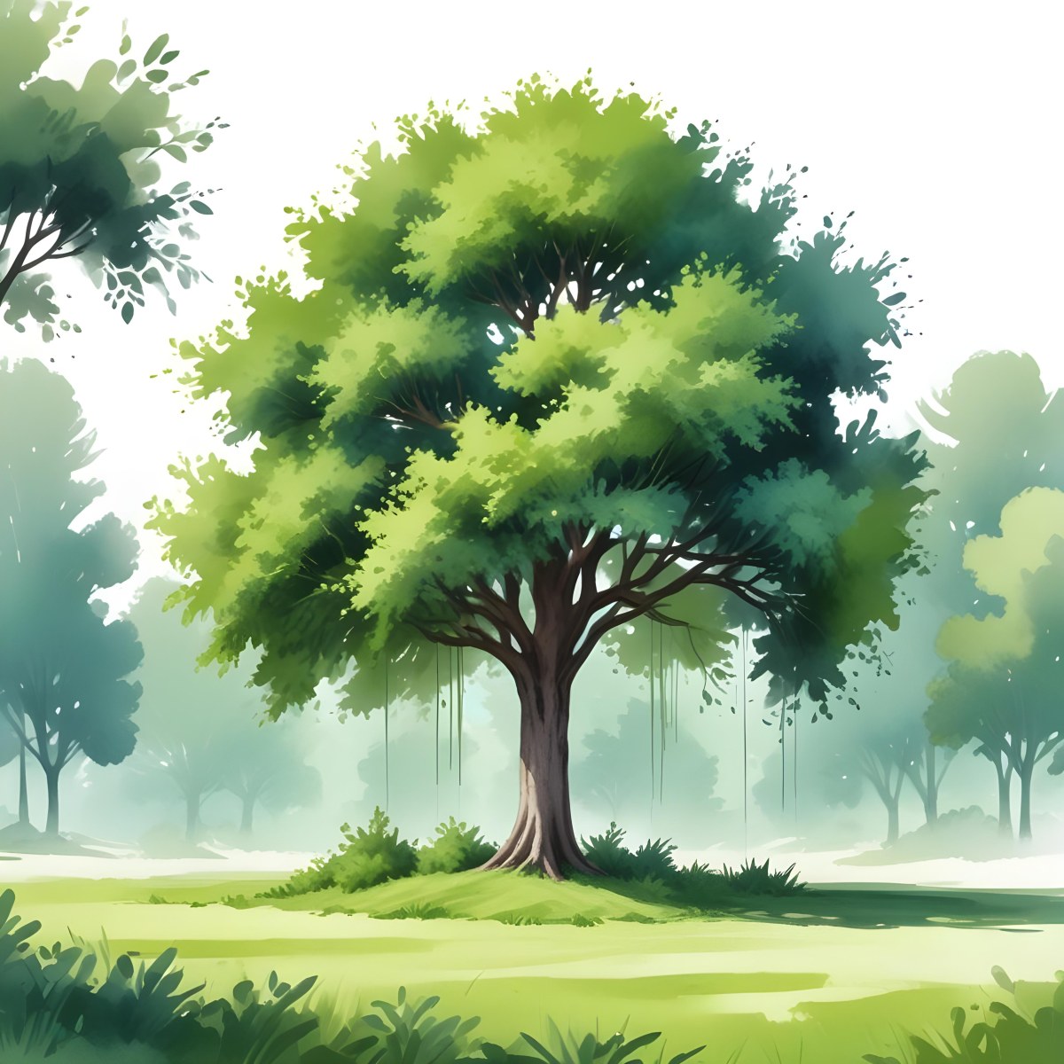 Digital Painting A Lush Green Tree With A Full Rounded Canopy Standing On A Grassy Ground With Small Bushes Against A Plain White Background Watercolor Style Bold And Slim Lines Brush Strokes 39 3804