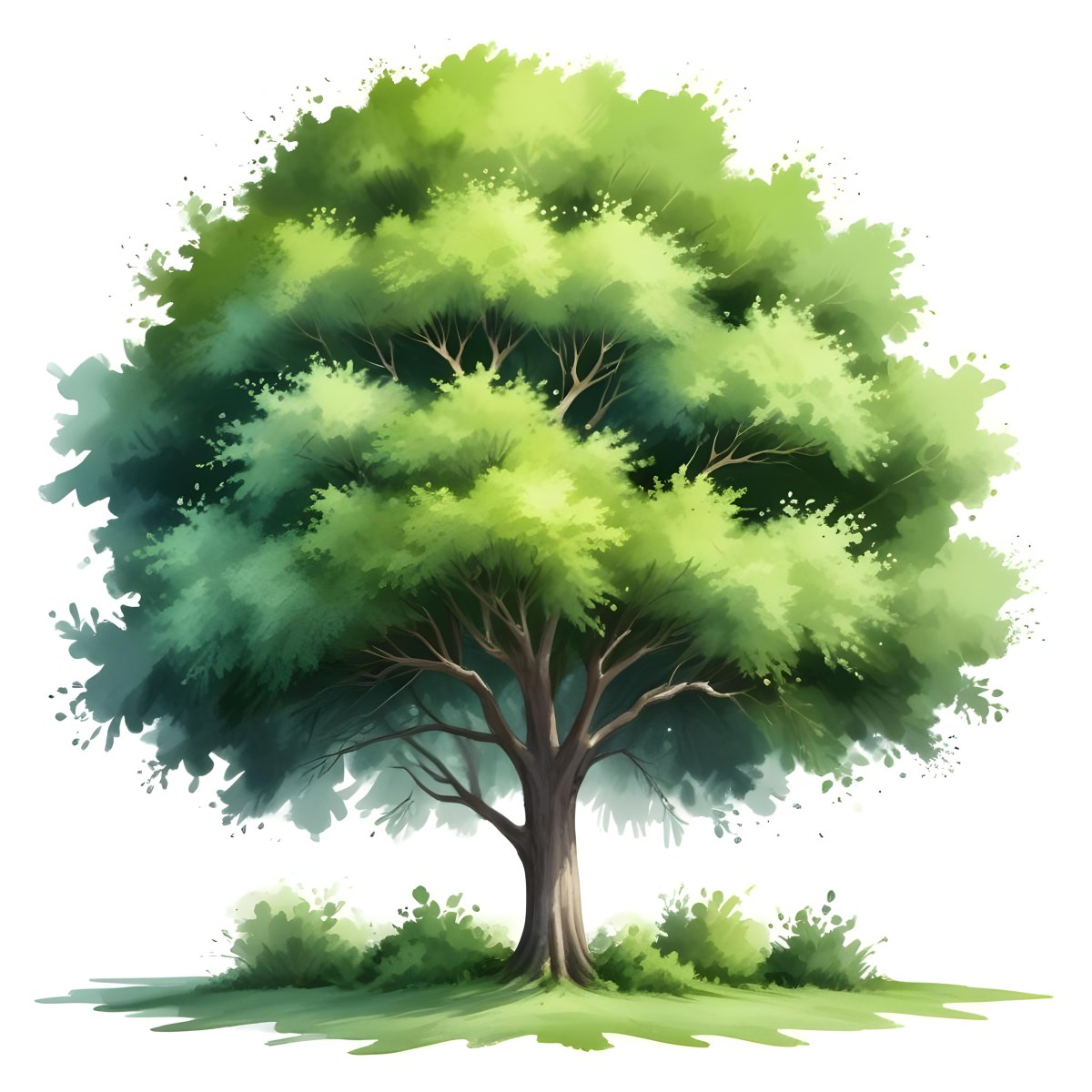 Digital Painting A Lush Green Tree With A Full Rounded Canopy Standing On A Grassy Ground With Small Bushes Against A Plain White Background Watercolor Style Bold And Slim Lines Brush Strokes 46 3df7