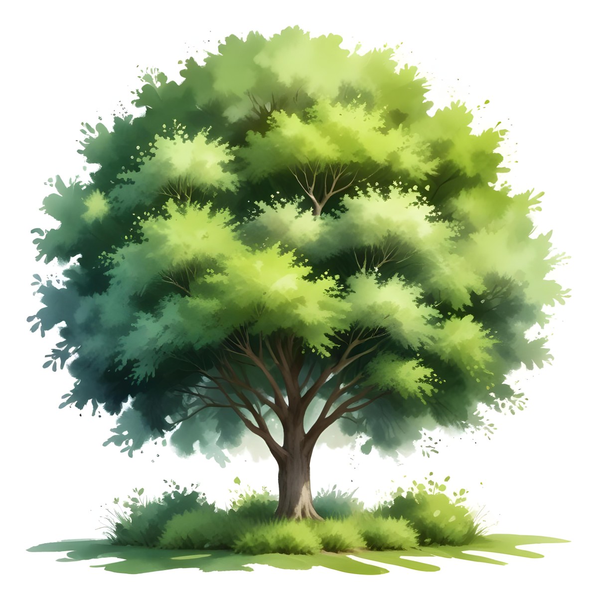 Digital Painting A Lush Green Tree With A Full Rounded Canopy Standing On A Grassy Ground With Small Bushes Against A Plain White Background Watercolor Style Bold And Slim Lines Brush Strokes 51 C2d7