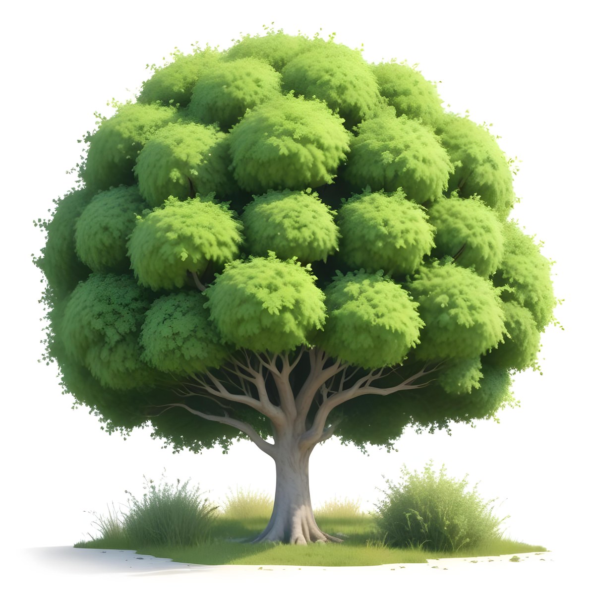 Digital Painting A Lush Green Tree With A Full Rounded Canopy Standing On A Grassy Ground With Small Bushes Against A Plain White Background Watercolor Style Bold And Slim Lines Brush Strokes 54 A1ce