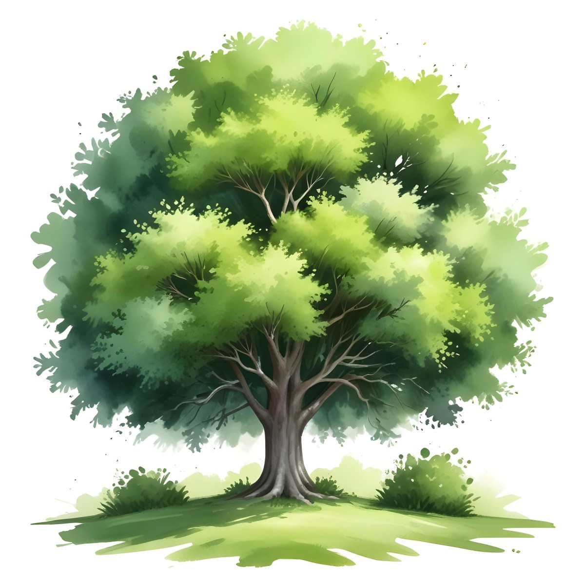 Digital Painting A Lush Green Tree With A Full Rounded Canopy Standing On A Grassy Ground With Small Bushes Against A Plain White Background Watercolor Style Bold And Slim Lines Brush Strokes 55 C656